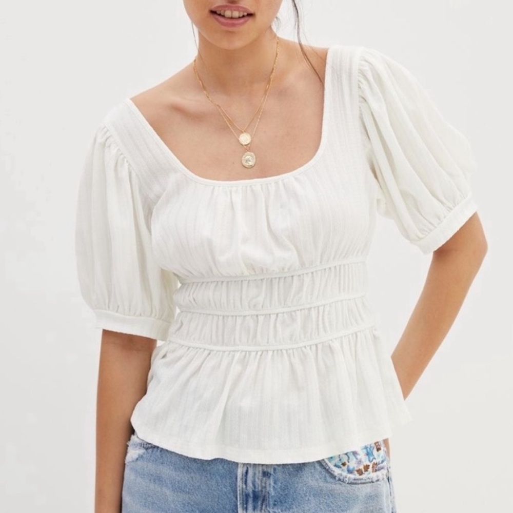 Anthropologie White Puff-Sleeve Smocked Waist Peplum Top